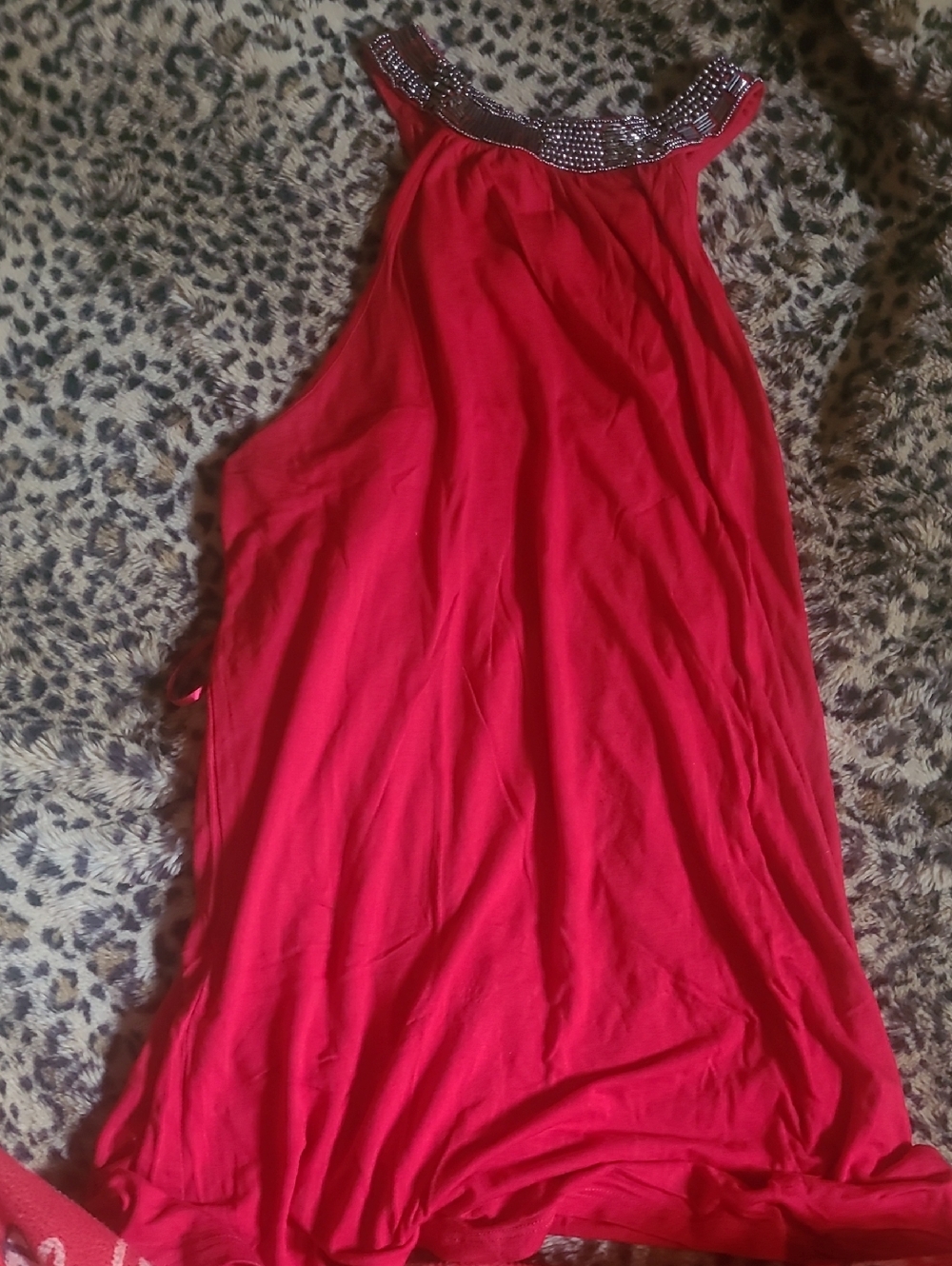 Smart Set Red Sleeveless Tunic with Beaded Neckline